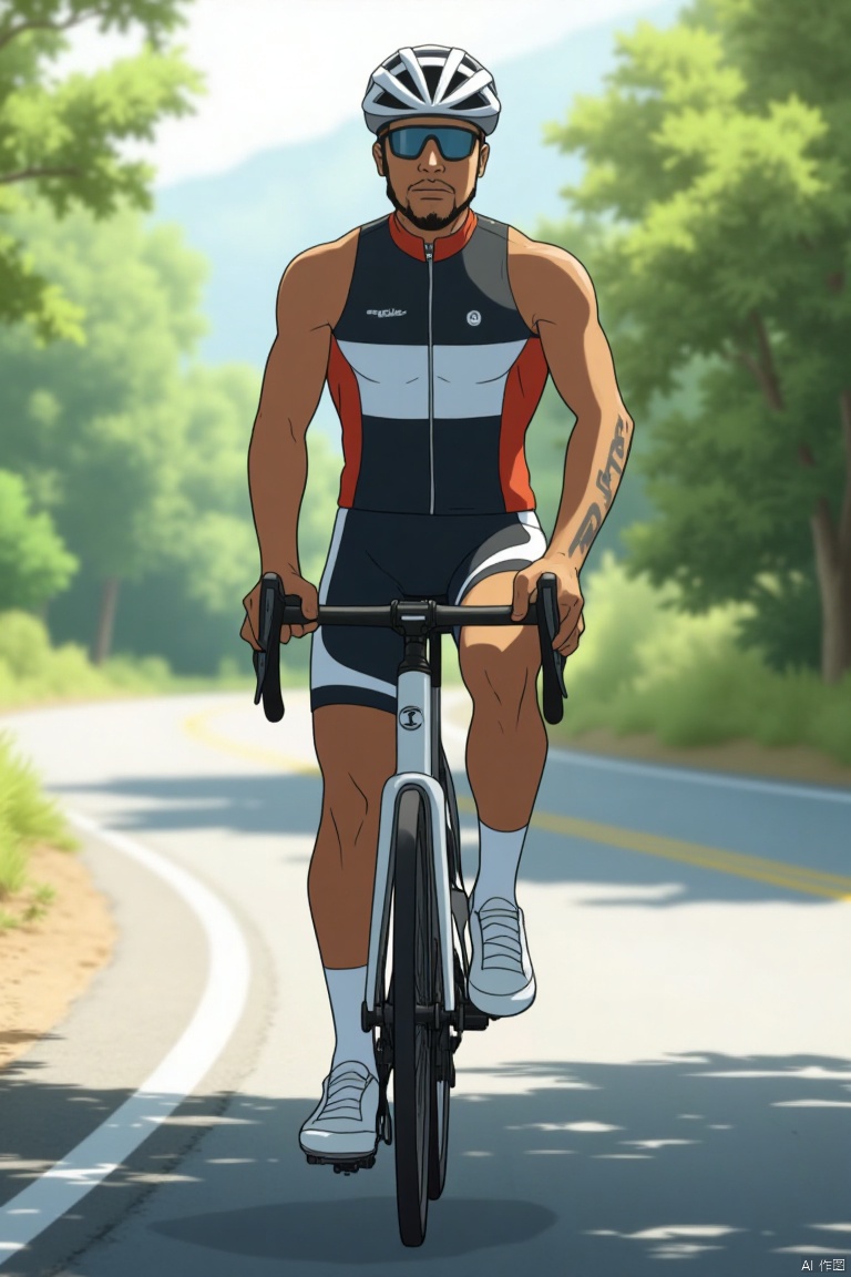 1man,solo,asian,muscular,handsome,Bicycle athlete,riding. bike clothes,white socks,white footwear. Others:snapshot,road,scenery,bright,masterpiece,realistic,best quality,highly detailed,highres,jzns.,,POKTY