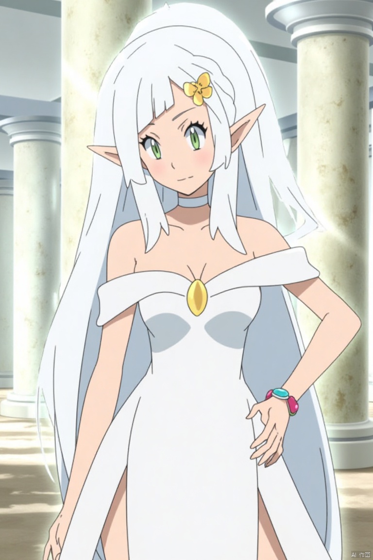 1girl, solo, long hair, breasts, looking at viewer, bangs, hair ornament, dress, cleavage, bare shoulders, jewelry, medium breasts, closed mouth, green eyes, standing, collarbone, full body, white hair, earrings, choker, pointy ears, off shoulder, white dress, bracelet, hand on hip, parted bangs, sash, elf, pelvic curtain, side slit, pillar, column,,,POKTY