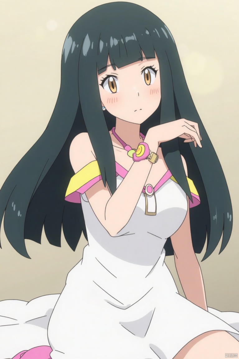 1girl, solo, long hair, looking at viewer, black hair, dress, bare shoulders, brown eyes, jewelry, sitting, closed mouth, earrings, necklace, white dress, bracelet, lips, armlet, circlet, realistic,,POKTY