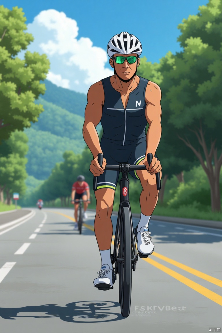 1man,solo,asian,muscular,handsome,Bicycle athlete,riding. bike clothes,white socks,white footwear. Others:snapshot,road,scenery,bright,masterpiece,realistic,best quality,highly detailed,highres,jzns.,,POKTY