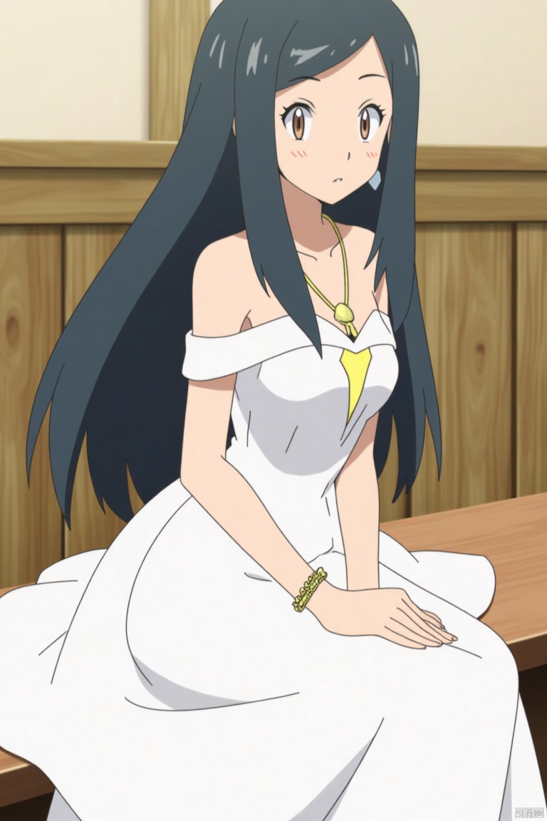 1girl, solo, long hair, looking at viewer, black hair, dress, bare shoulders, brown eyes, jewelry, sitting, closed mouth, earrings, necklace, white dress, bracelet, lips, armlet, circlet, realistic,,POKTY