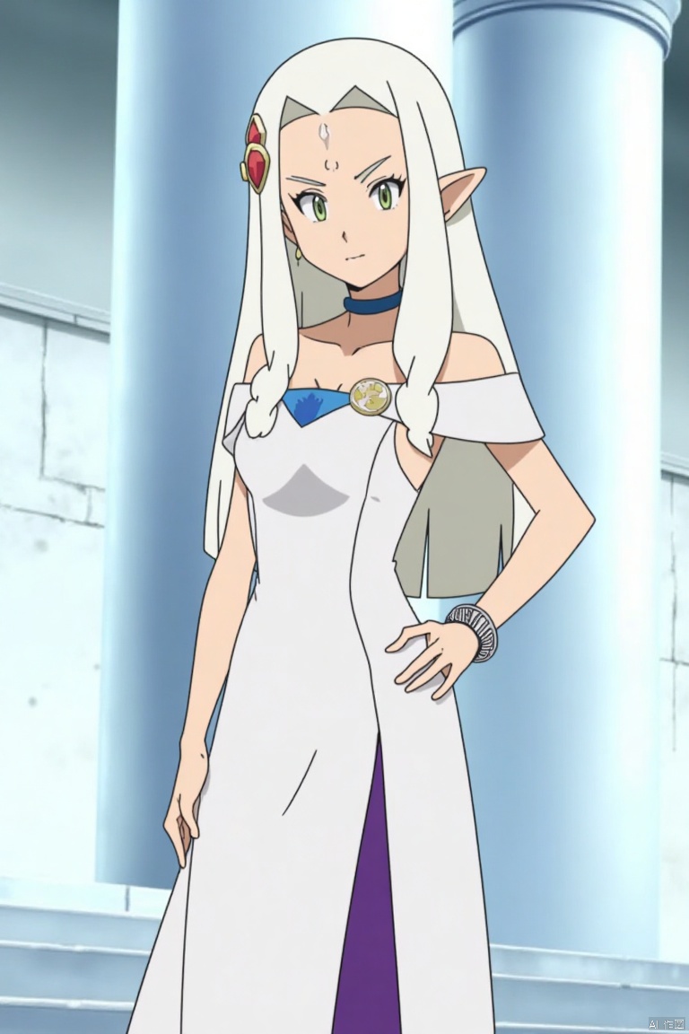 1girl, solo, long hair, breasts, looking at viewer, bangs, hair ornament, dress, cleavage, bare shoulders, jewelry, medium breasts, closed mouth, green eyes, standing, collarbone, full body, white hair, earrings, choker, pointy ears, off shoulder, white dress, bracelet, hand on hip, parted bangs, sash, elf, pelvic curtain, side slit, pillar, column,,,POKTY