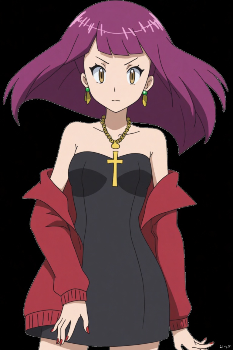1girl, solo, long hair, breasts, simple background, dress, bare shoulders, brown eyes, jewelry, jacket, upper body, purple hair, earrings, parted lips, necklace, off shoulder, nail polish, black dress, floating hair, cross, black background, red nails, red jacket, cross necklace, katsuragi misato,,POKTY