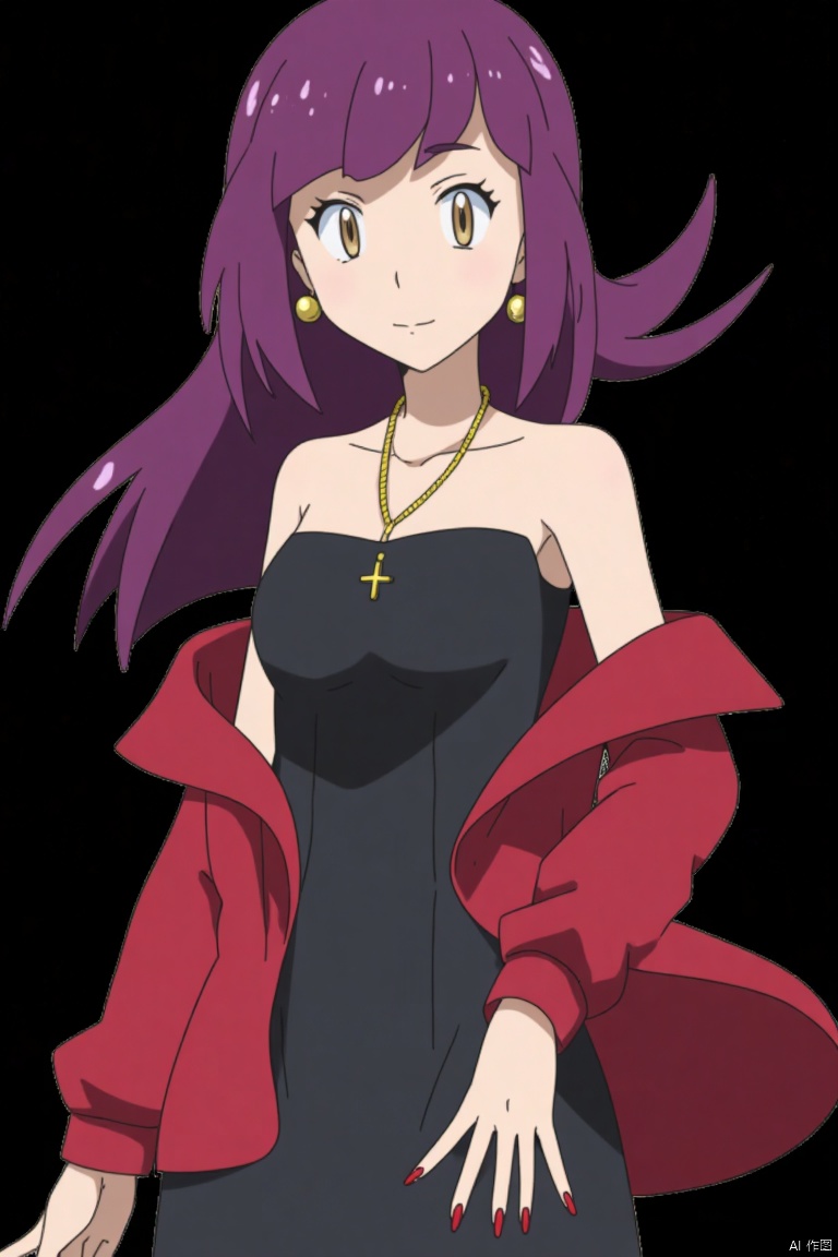 1girl, solo, long hair, breasts, simple background, dress, bare shoulders, brown eyes, jewelry, jacket, upper body, purple hair, earrings, parted lips, necklace, off shoulder, nail polish, black dress, floating hair, cross, black background, red nails, red jacket, cross necklace, katsuragi misato,,POKTY