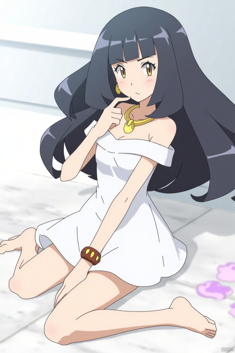 1girl, solo, long hair, looking at viewer, black hair, dress, bare shoulders, brown eyes, jewelry, sitting, closed mouth, earrings, necklace, white dress, bracelet, lips, armlet, circlet, realistic,,POKTY