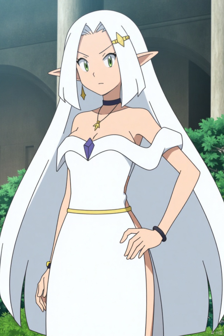1girl, solo, long hair, breasts, looking at viewer, bangs, hair ornament, dress, cleavage, bare shoulders, jewelry, medium breasts, closed mouth, green eyes, standing, collarbone, full body, white hair, earrings, choker, pointy ears, off shoulder, white dress, bracelet, hand on hip, parted bangs, sash, elf, pelvic curtain, side slit, pillar, column,,,POKTY