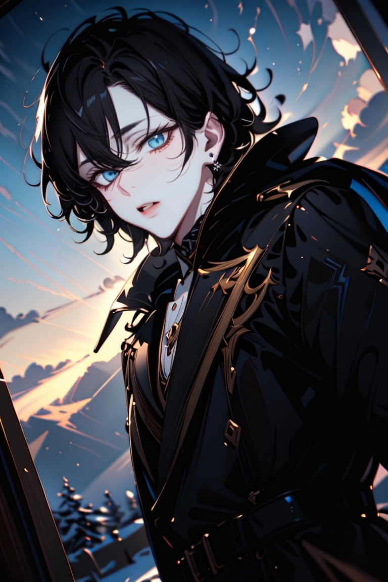 A young boy stands tall in a winter wonderland,  wrapped in a long,  dark coat that billows out behind him like a cape. He...