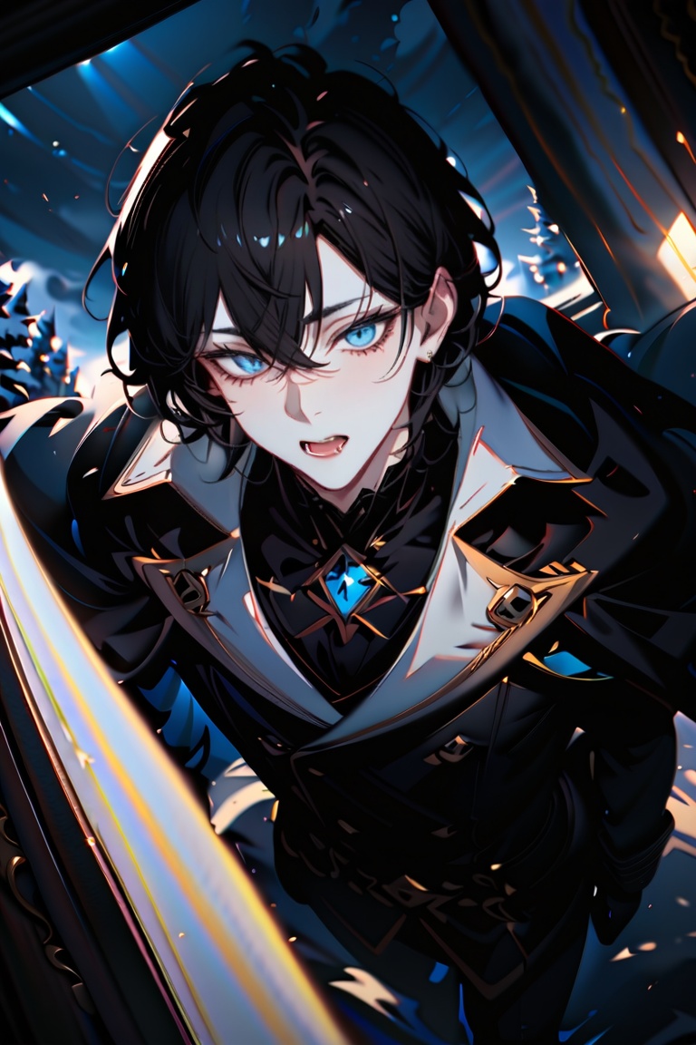 A young boy stands tall in a winter wonderland,  wrapped in a long,  dark coat that billows out behind him like a cape. He...