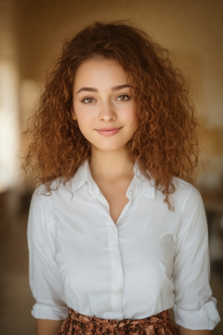 masterpiece, high quality realistic, realistic aesthetic photo ,(HDR:1.2), pore and detailed, intricate detailed, graceful and beautiful textures, RAW photo, 16K, sharp forcus, warm tone, vibrant colors, (head to waist portrait), in the classroom, bright atmosphere, girl fused on Imperial-Topaz, cute face, little-smile, detailed eyes, light-brown medium hair, curled bangs, juicy lips, fair oily skin, collared shirt,skirt,