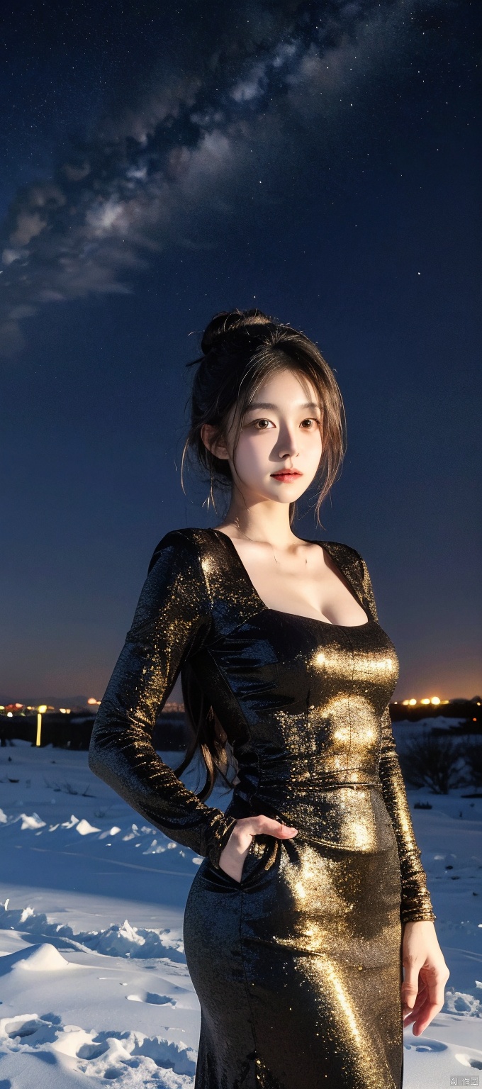  night, in winter, snow, masterpiece,best quality,official art,extremely detailed CG unity 8k wallpaper, night, huge_filesize, album, girl, hair over shoulder, black hair, hair bun, looking at viewer, small breasts,white cleavage dress,standing,best shadow,starry sky,