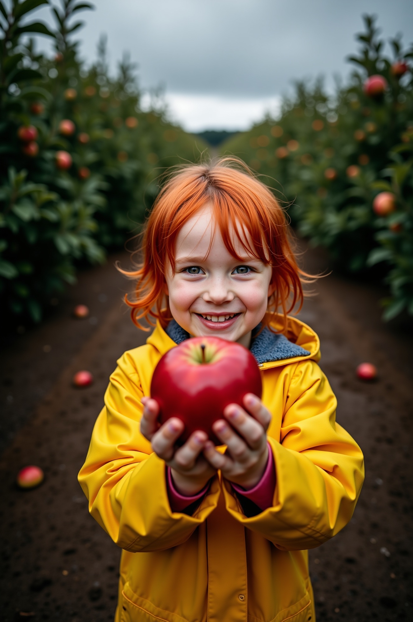 A young girl with fiery red locks and a bright yellow raincoat clutches a juicy red apple in her small hands as the camera...