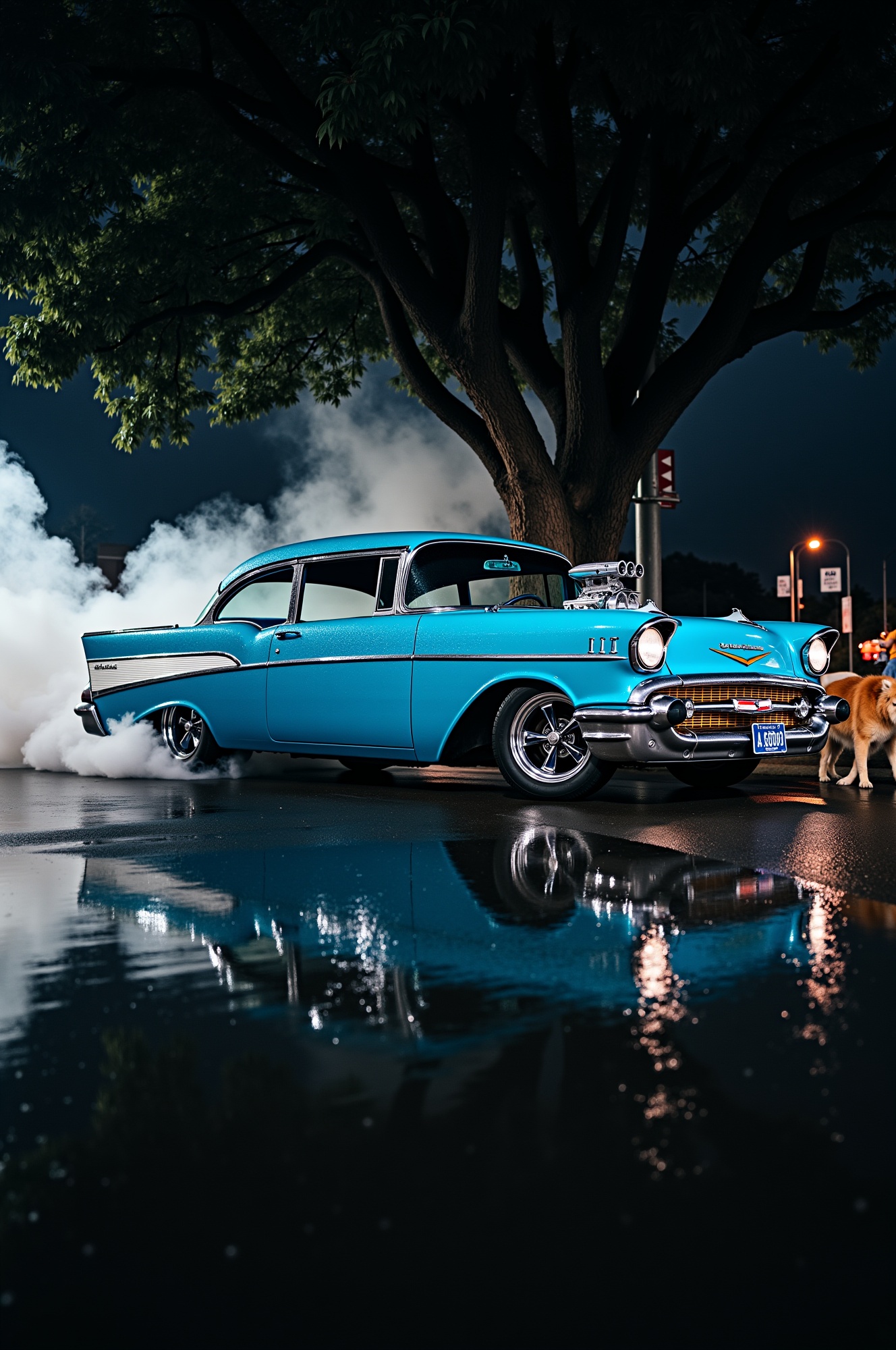 A low-angle shot captures the raw power of a 1957 Chevrolet Bel Air Gasser in Larkspur Blue as it drifts across the rain-s...