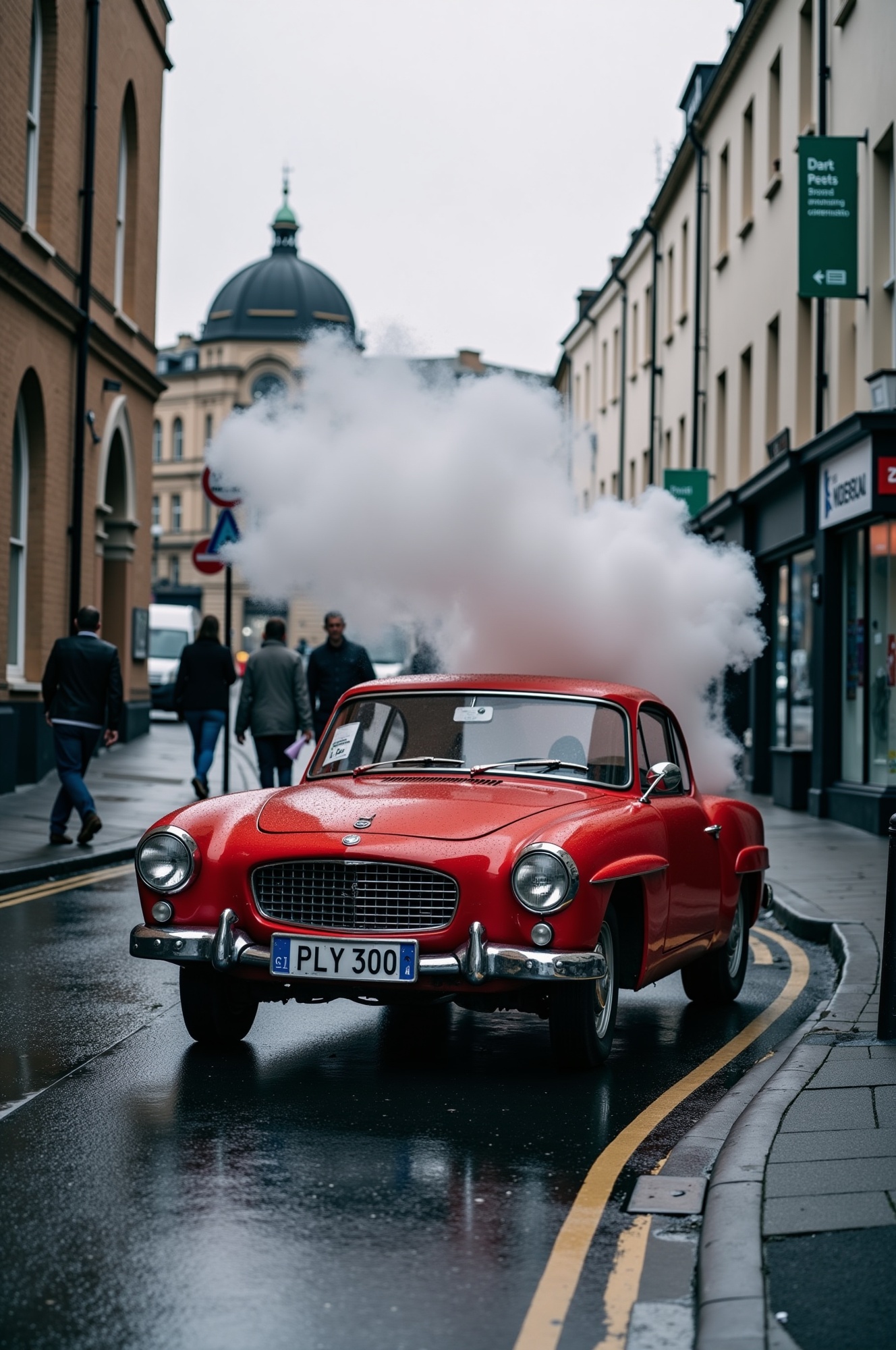 red classic car,  steam,  smoke on Tensor.Art