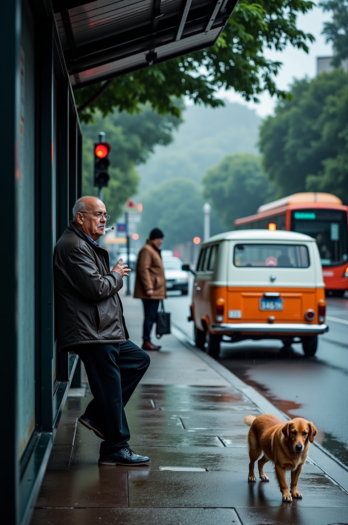 close-up of a man take shelter at the bus stop,  smoking. near a tree,  steam on Tensor.Art