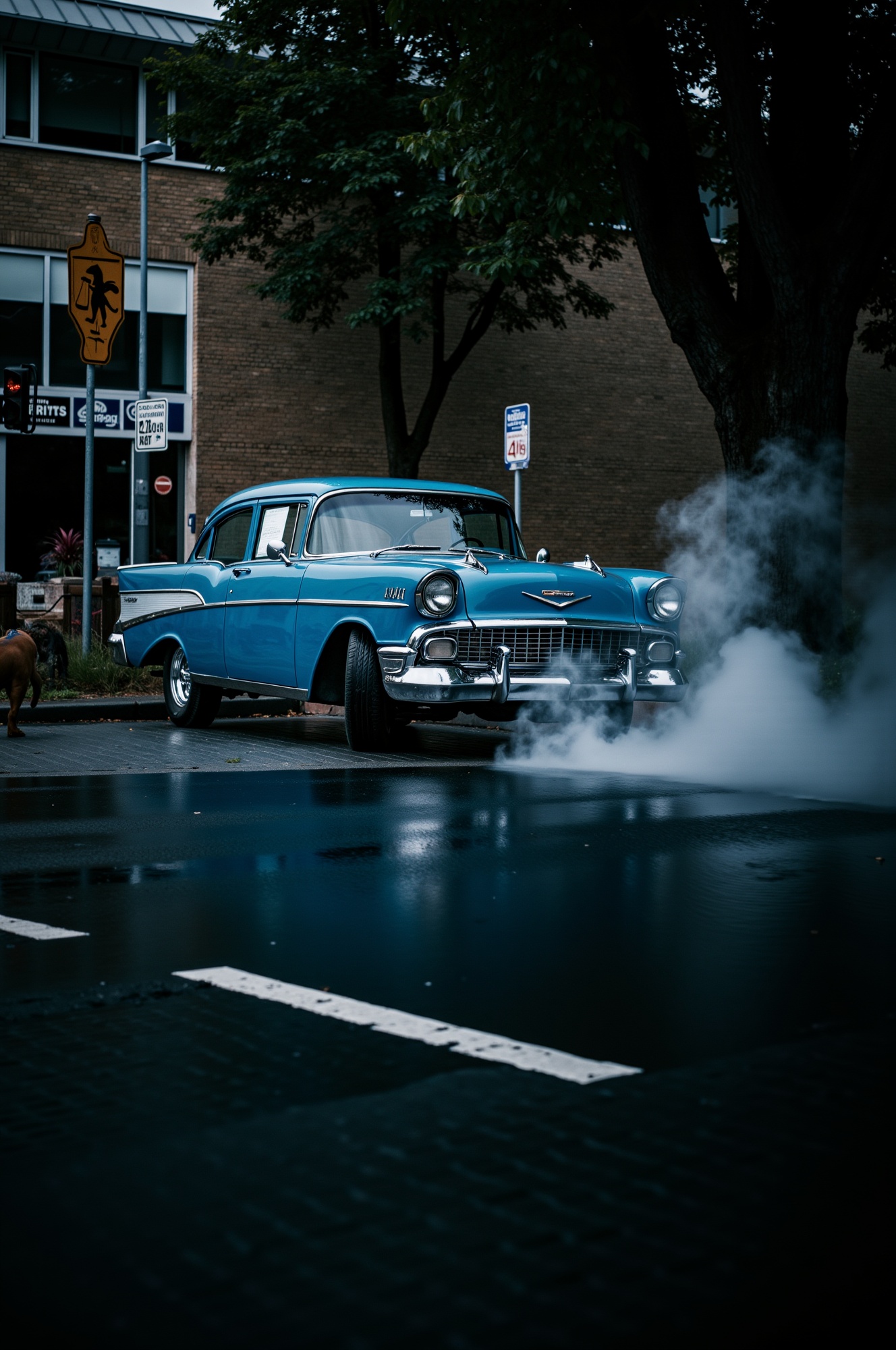 low angle view,  close-up of a 1957 Chevrolet Bel Air Gasser - Larkspur Blue,  drifting on Tensor.Art
