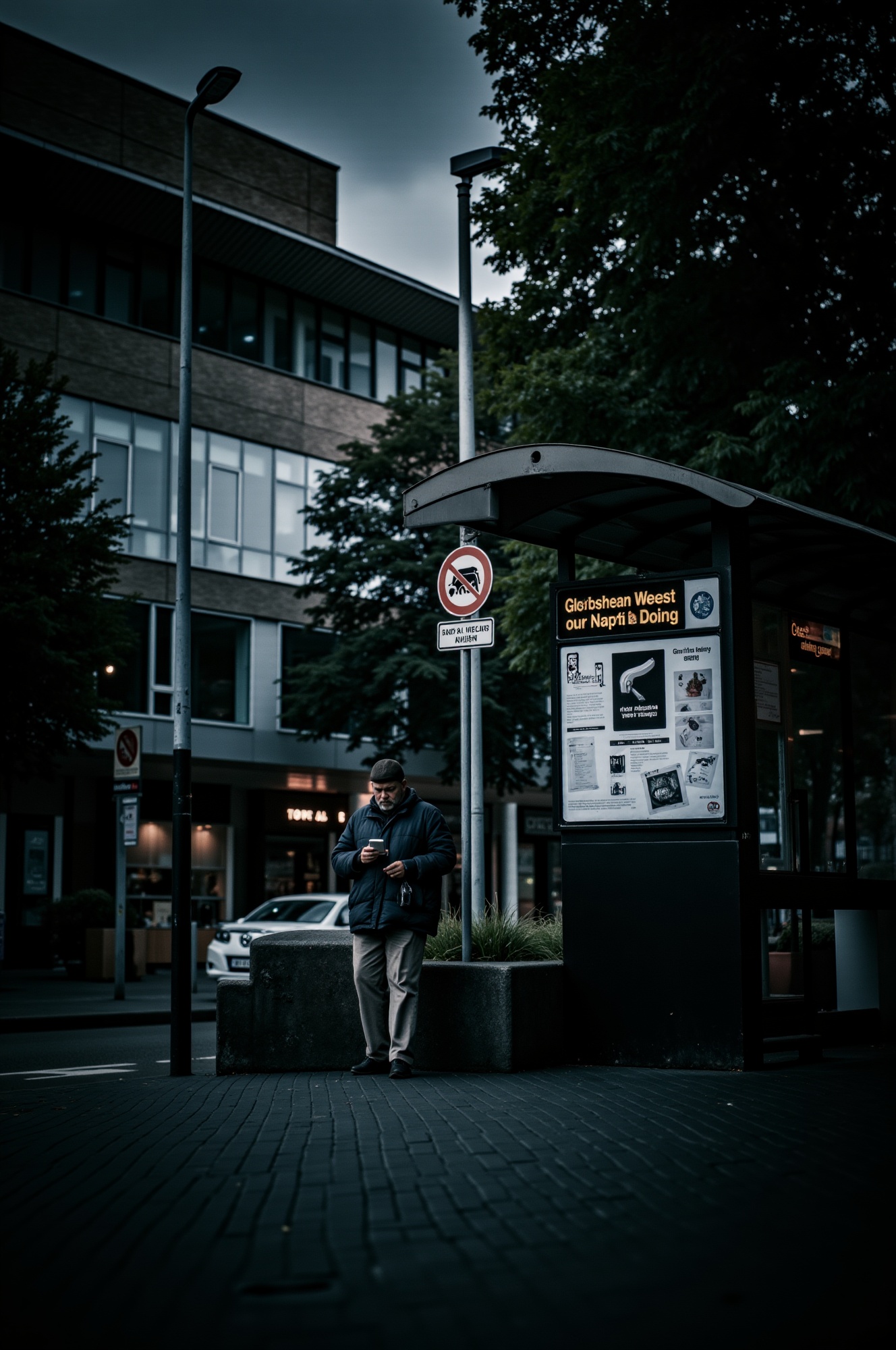 geavy rain,  man under take shelter at the bus stop,  smoking. near a tree on Tensor.Art