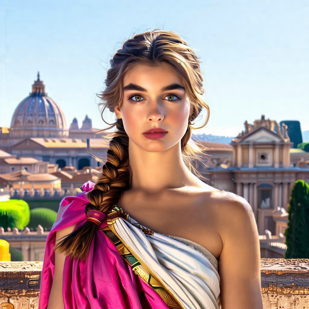 Upper Body Photo. 1female. In a (revealing pink and white toga). Striking features. Beautiful and elegant. Highly detailed beautiful expressive eyes. Vivid color. Half-Up Side Braid. Vast open view of Rome in the background. Photorealistic, Natural atmospheric lighting, intricate details, 35mm photograph, film, professional, 4k visuals, highly detailed, elegant, studio quality.