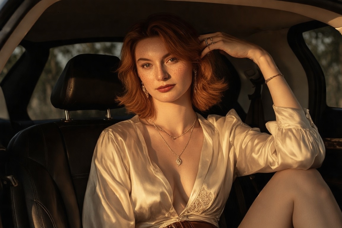 A Leng Jun-inspired oil painting,a professional erotic photo taken in the sunset. A confident, professional redhead woman in her early 30s, wearing a precious necklace and earrings, seated in a car with a black leather interior. She has a pixie haircut, light freckles, and a warm, approachable expression. She is dressed in a stylish, light-colored satin blouse with cleavage cut and lace-trimmed leather mini skirt, with a wedding ring on her left hand. Her posture is seductive yet professional as she looks directly at the camera, creating a close, intimate pose  in the natural sunset light. The car's interior features clean, soft shadows and backlighting with car's interior lights that highlights her face, creating a seductive and erotic aesthetic.