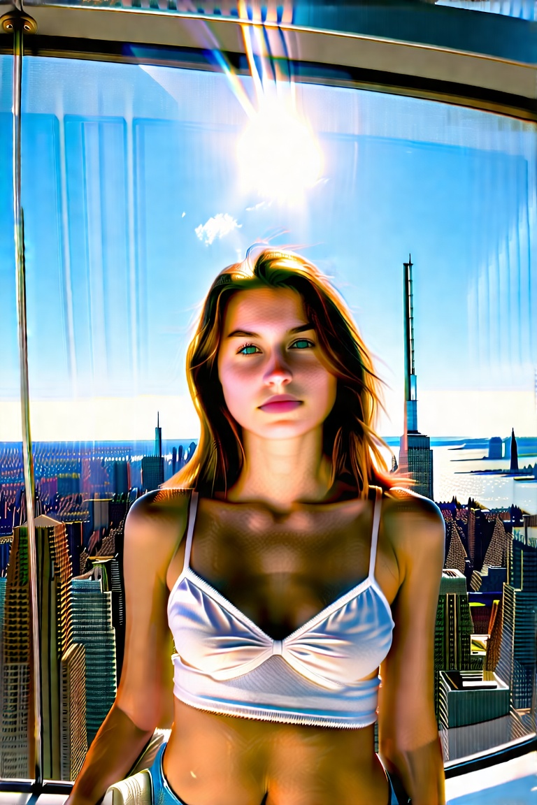 Photo of a young white woman with straight brown hair,  wearing a summer outfit,  standing at the top of The Edge in New Y...