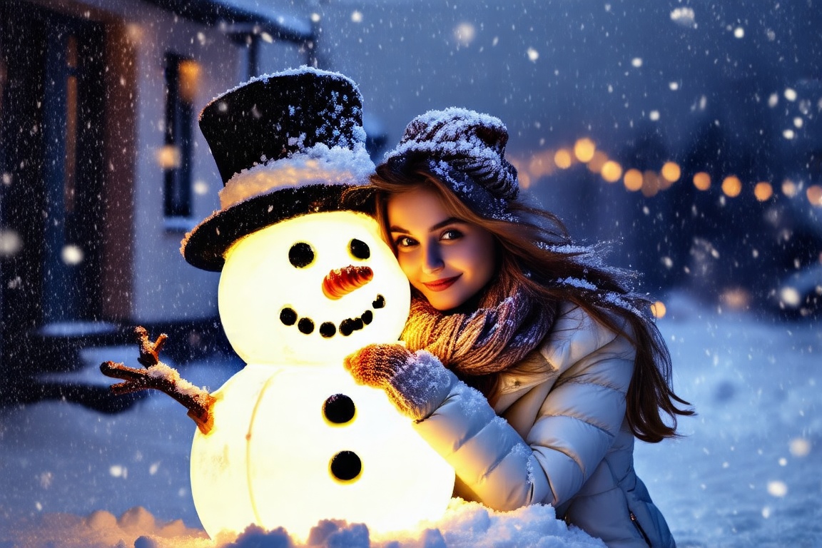 beautiful woman hugging a glowing snowman from behind in falling heavy snow, Christmas vibe, avtive pose, , Christmas vibes,
