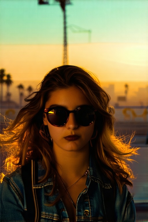 
Old school 1970s photo of los angeles girl, 25-years-old, wearing sunglasses, wearing denim, rebellious look, graffitti, faint orange sunset haze
