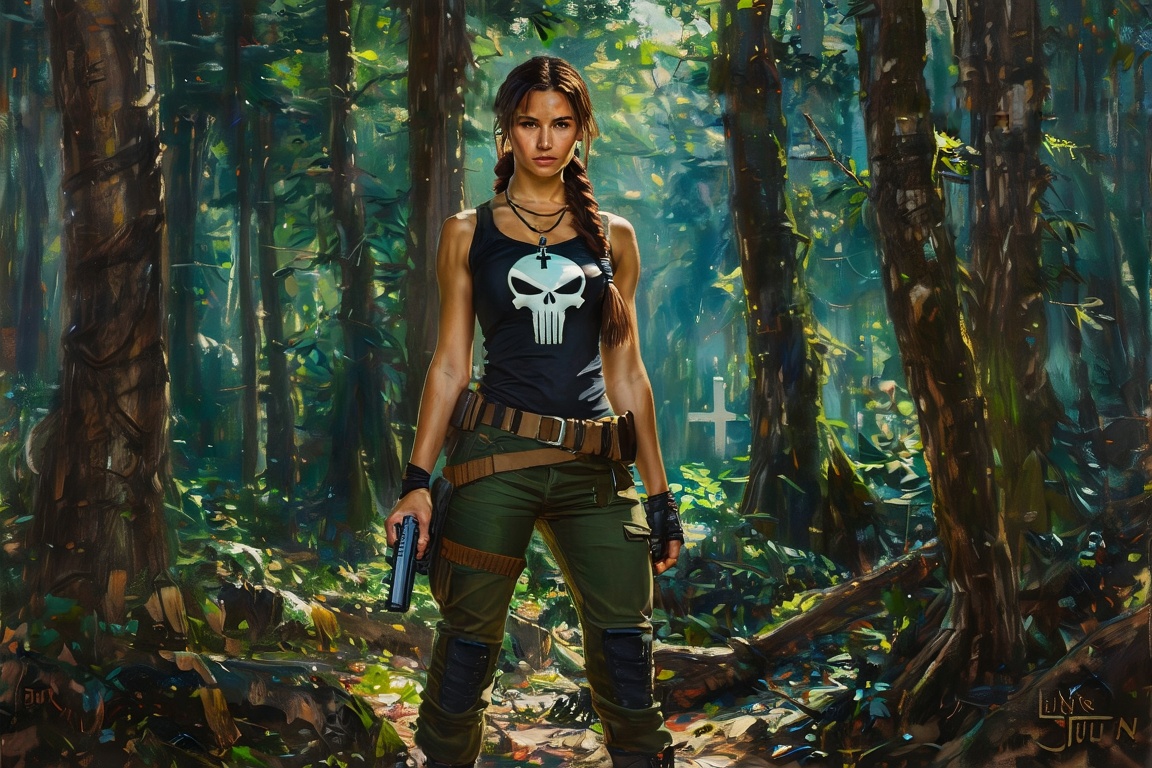 A Leng Jun-inspired oil painting, Detailed female warrior, (Lara Croft character), standing in a forest, black top with Punisher symbol, olive green pants, combat boots, fierce expression, brown hair in braid, defensive combat pose, holding gun, tactical belt, cross necklace, soft lighting, forest canopy, cinematic atmosphere,

