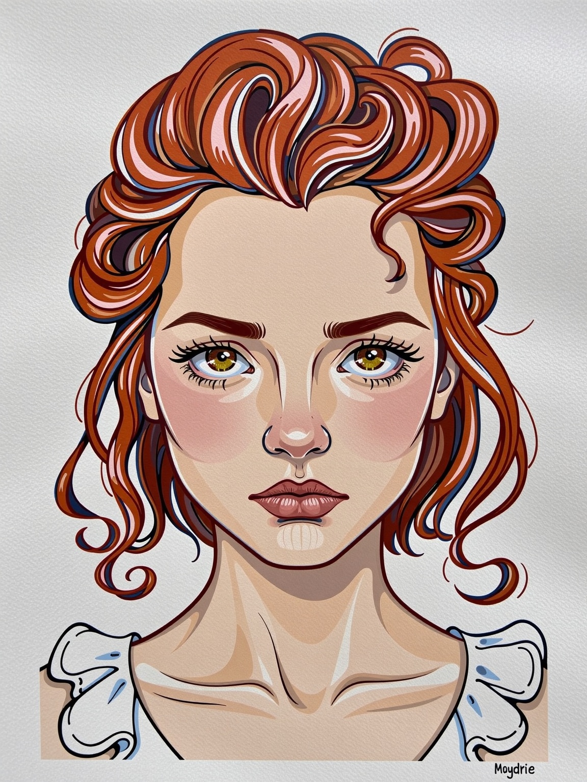 illustration,  close-up portrait of a young woman with red hair styled in loose curls. She has a serious expression on her...