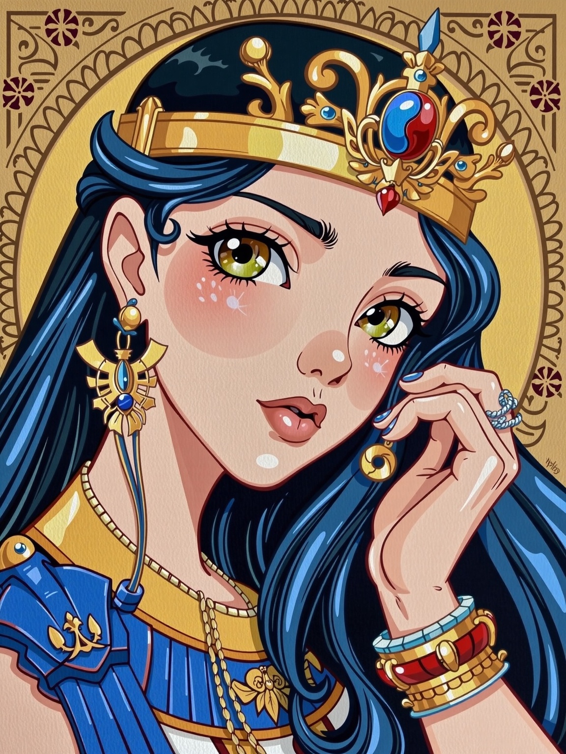 a painting of a woman with a crown on her head,  egyptian art,  by Yoshihiko Wada on Tensor.Art