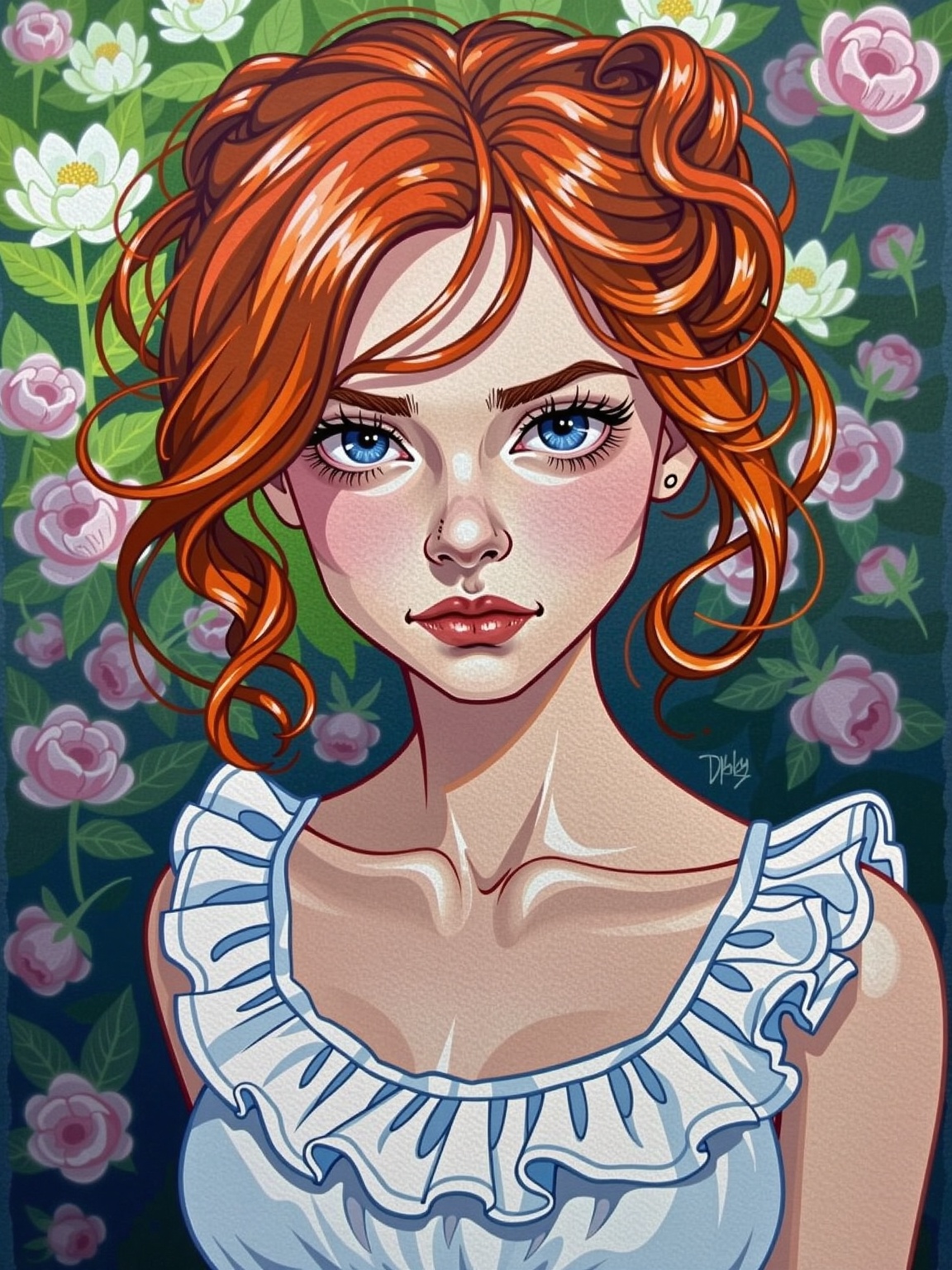 digital art illustration,  Close-up portrait of a young woman with red hair in a messy updo,  loose curls framing her face...