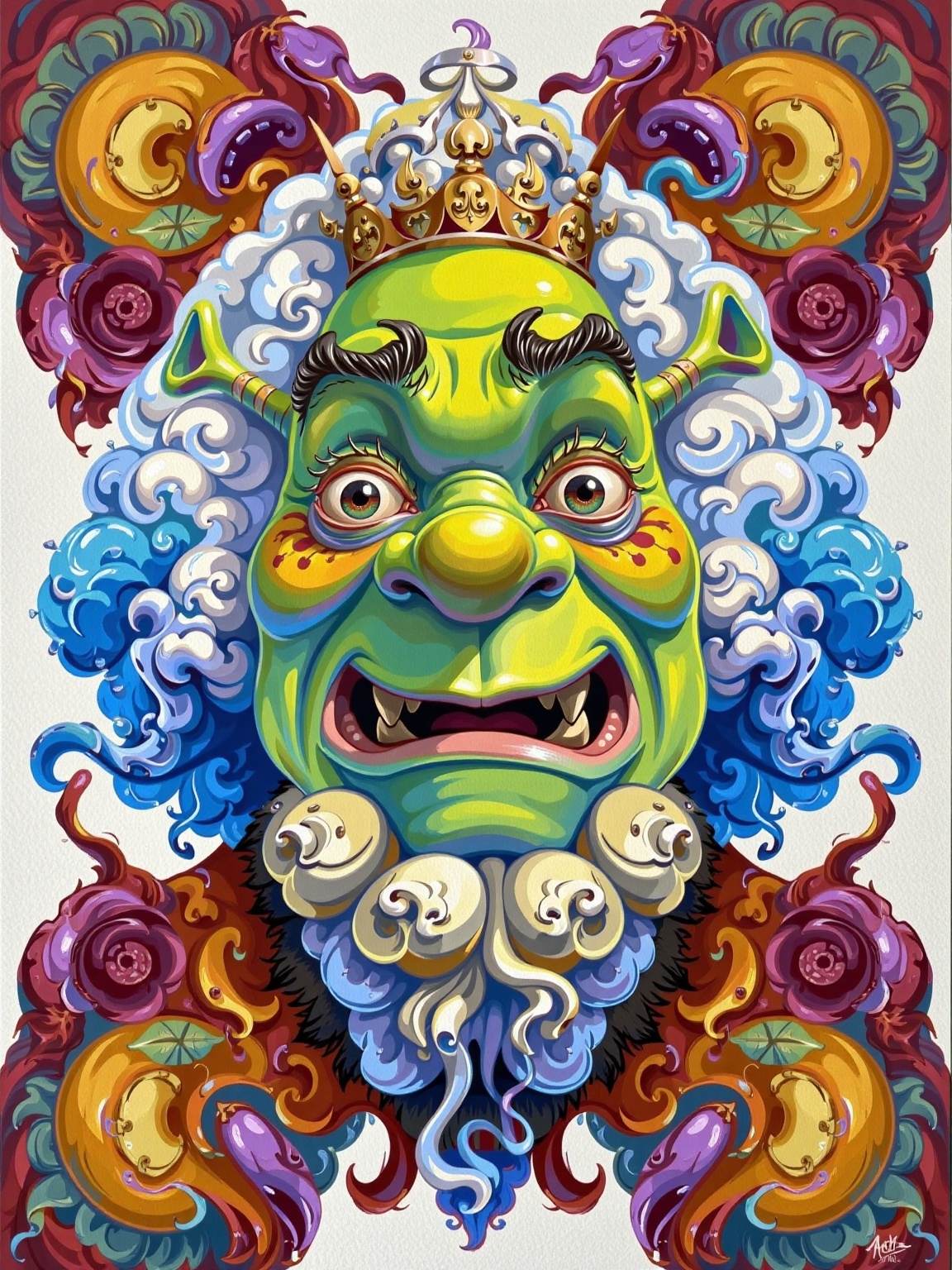 digital art illustration,  stylish colourful caricature - 3d vfx art - of a Shrek Art Maximalist cloud,  art style by zdzi...