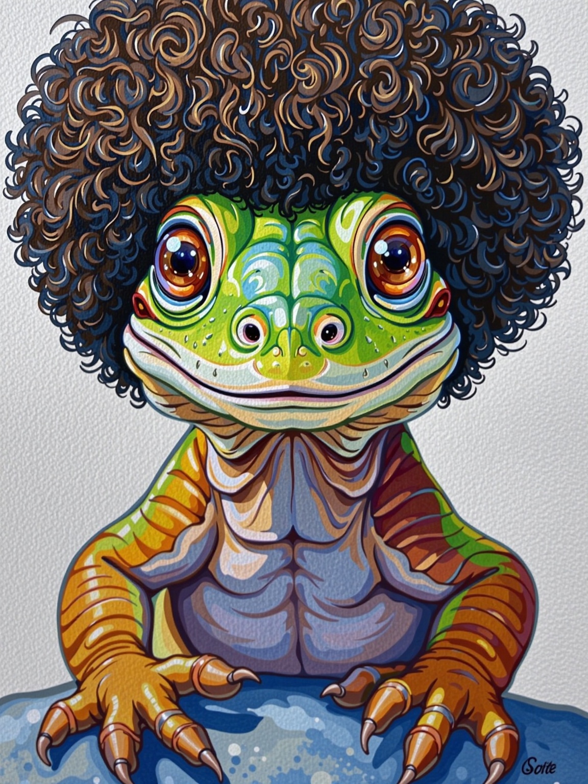 a close up of a Lizard with an afro wig,  with a blurred background,  looking straight to the camera. on Tensor.Art