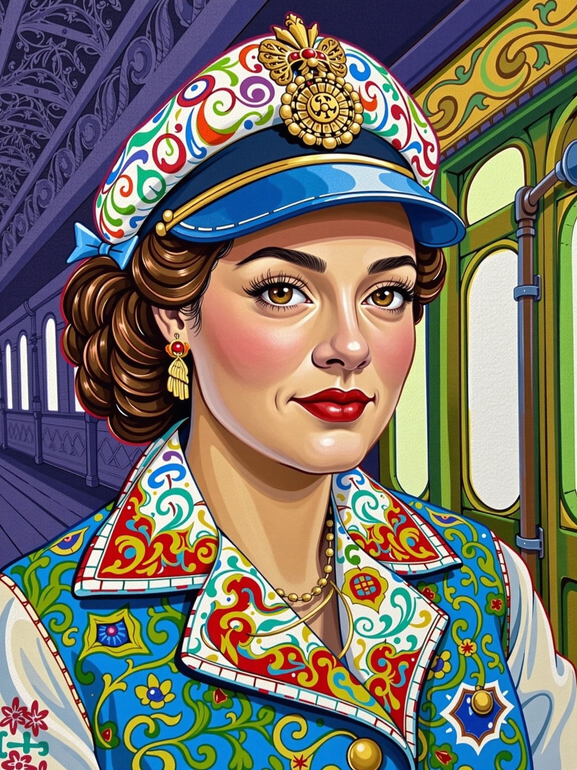 Unique 1940'S heavyset Slovak ,  the Train conductor has Pakistani hair styled as Cornrows,  breathtaking on Tensor.Art