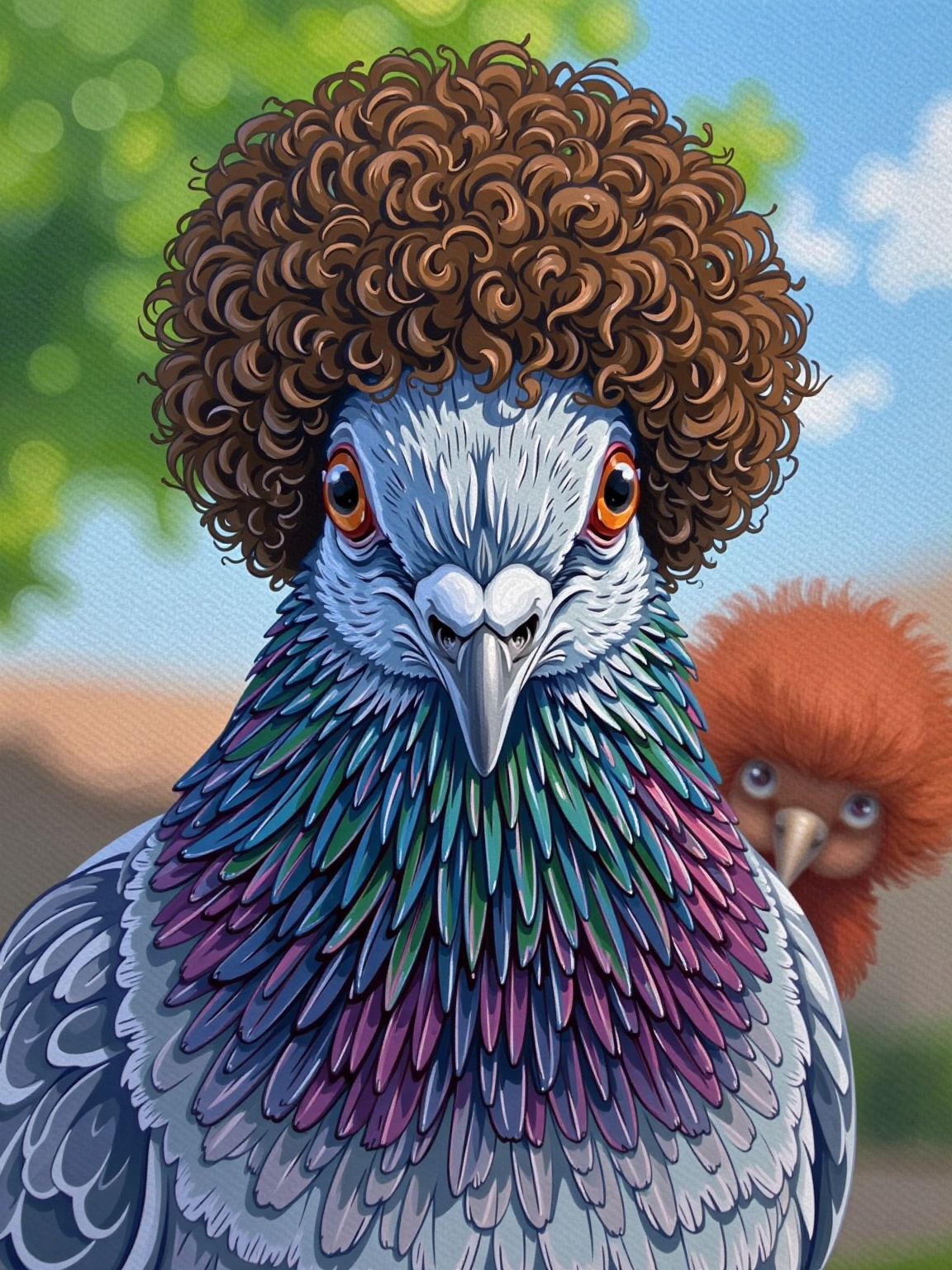 a close up of a pigeon with an afro wig,  with a blurred background,  looking straight to the camera. on Tensor.Art