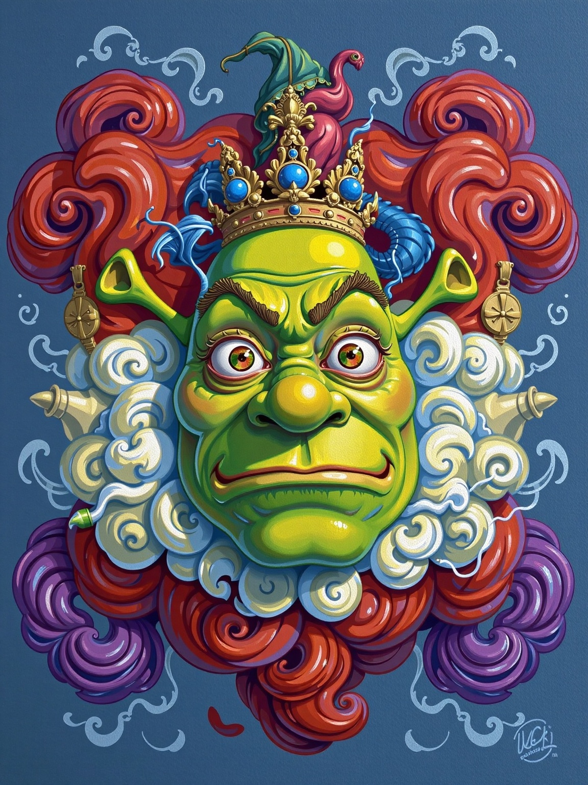 digital art illustration,  stylish colourful caricature - 3d vfx art - of a Shrek Art Maximalist cloud,  art style by zdzi...