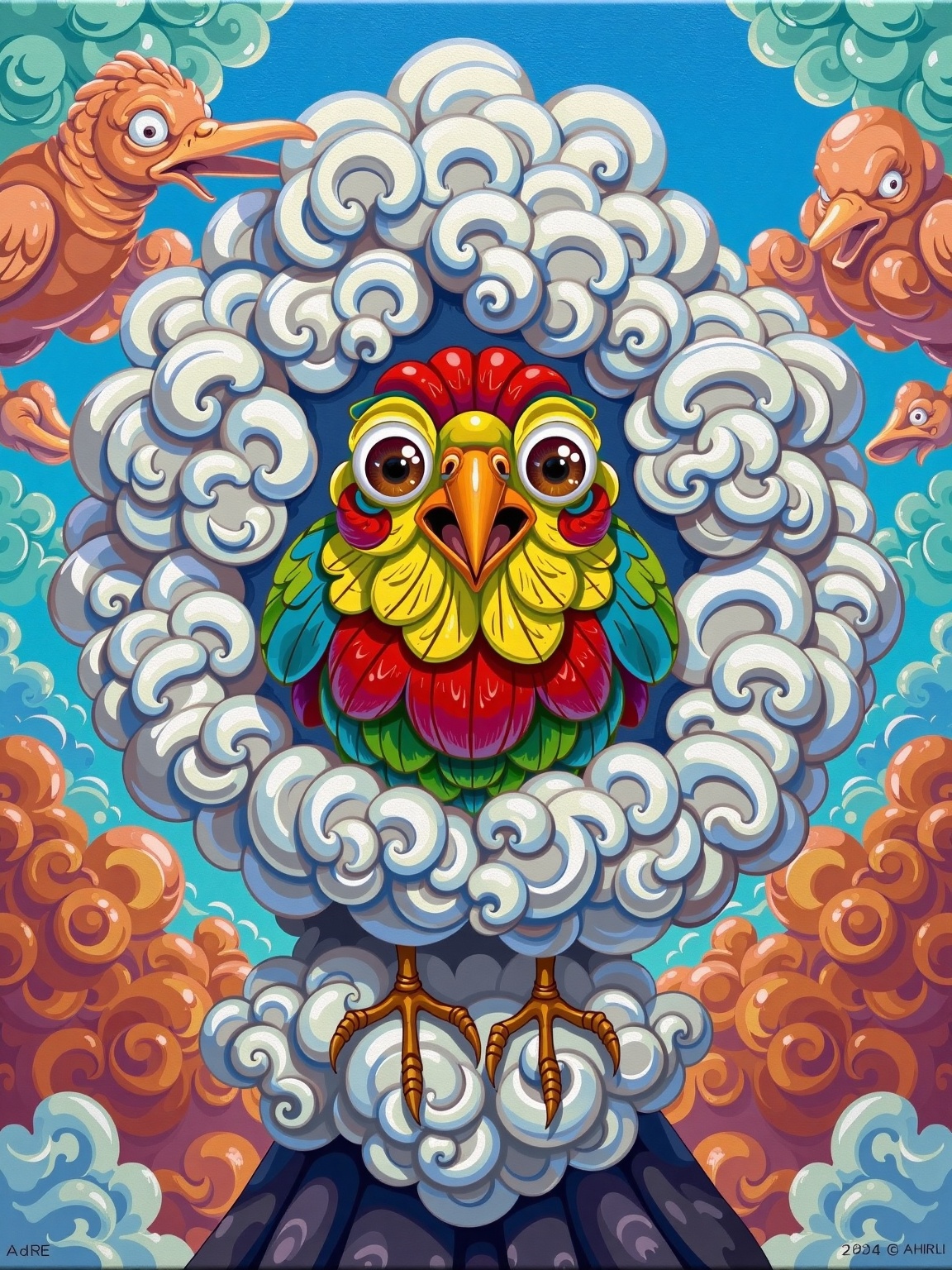 digital art illustration,  stylish colourful caricature - 3d vfx art - of a Naive Art Maximalist puffy cloud Lark,  art st...