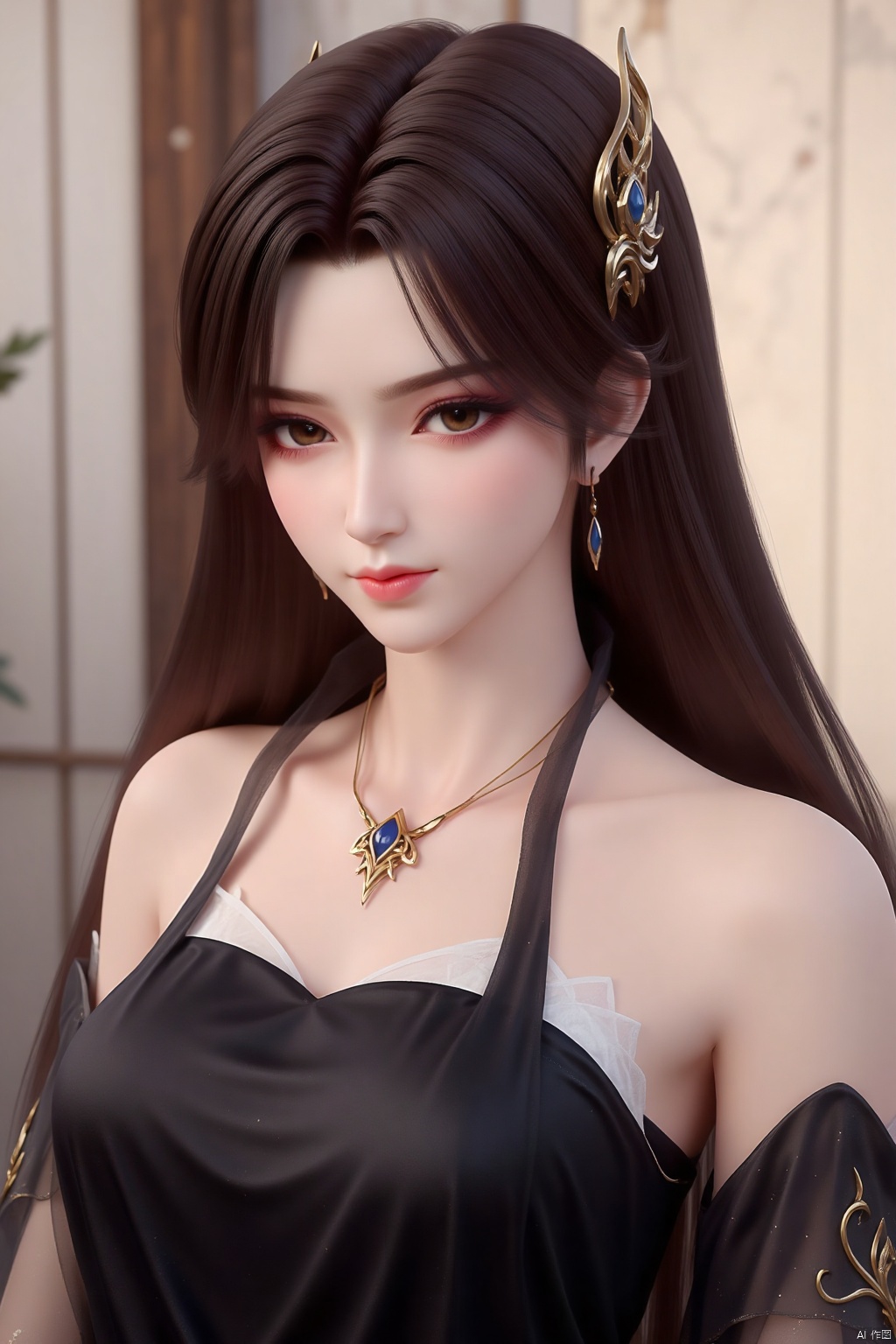 1girl, solo, long hair, breasts, looking at viewer, brown hair, black hair, hair ornament, dress, bare shoulders, jewelry, closed mouth, upper body, earrings, indoors, blurry, black dress, blurry background, light