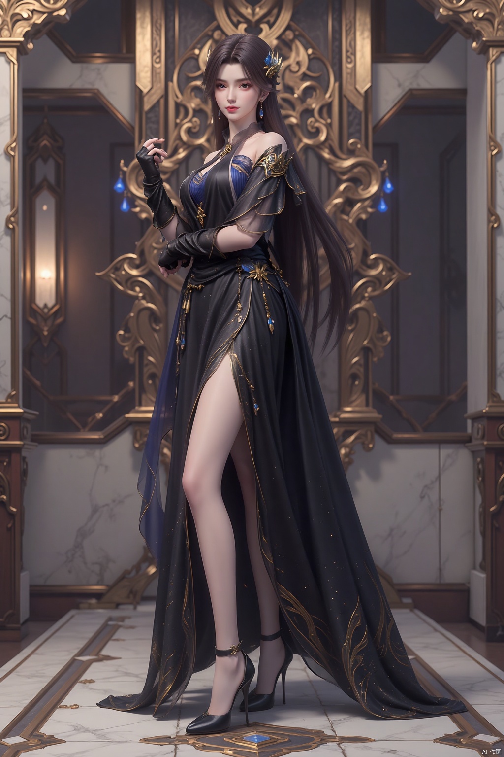 1girl, solo, long hair, breasts, looking at viewer, brown hair, black hair, hair ornament, gloves, dress, jewelry, standing, full body, earrings, black gloves, indoors, black footwear, black dress, high heels, lips, side slit, long dress