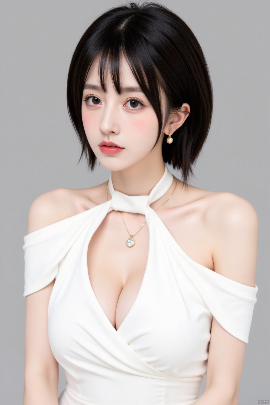 1girl, solo, breasts, looking at viewer, short hair, simple background, black hair, dress, cleavage, bare shoulders, medium breasts, collarbone, upper body, earrings, parted lips, necklace, white dress, black eyes, lips, halterneck, realistic
