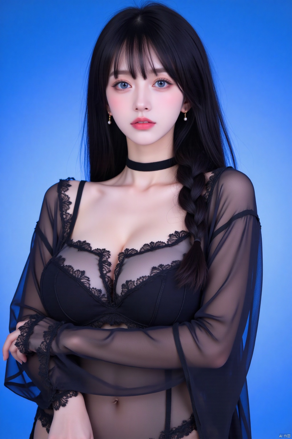 1girl, solo, long hair, breasts, looking at viewer, blue eyes, large breasts, black hair, long sleeves, cleavage, jewelry, medium breasts, upper body, braid, earrings, parted lips, choker, lips, see-through, gradient, gradient background, blue background, black choker, lace trim, lace, realistic