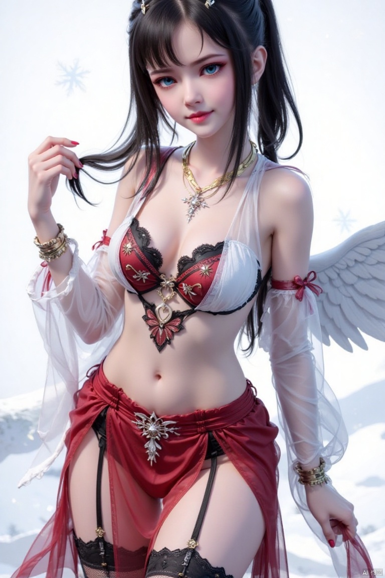 1girl, solo, long hair, breasts, looking at viewer, blue eyes, skirt, black hair, hair ornament, thighhighs, navel, jewelry, detached sleeves, wings, midriff, black thighhighs, necklace, red skirt, garter straps, snowflakes