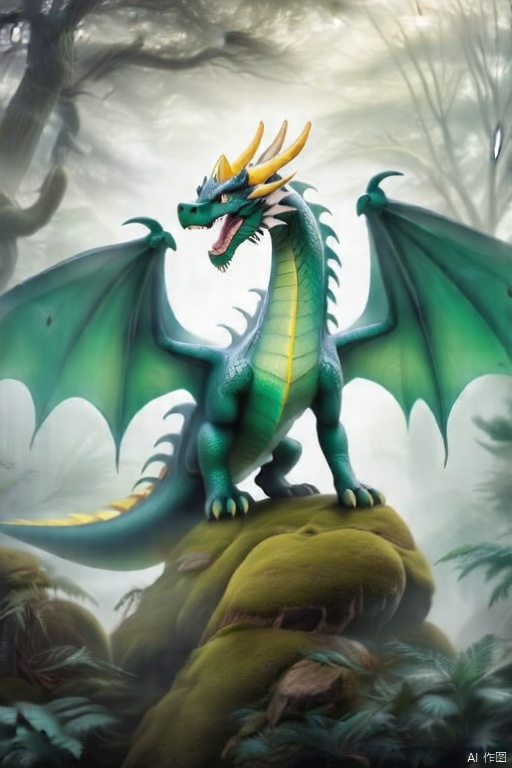 Magical realism world,a vibrant green dragon stands atop a moss-covered rock. The dragon's body is adorned with a bright green body,adorned with yellow accents. Its mouth is open,revealing sharp sharp claws. Its wings are spread wide