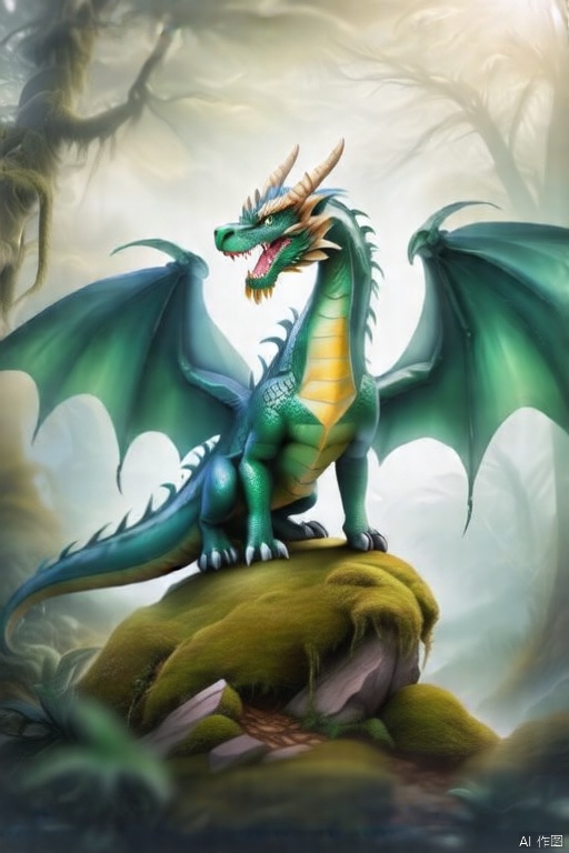 Magical realism world,a vibrant green dragon stands atop a moss-covered rock. The dragon's body is adorned with a bright green body,adorned with yellow accents. Its mouth is open,revealing sharp sharp claws. Its wings are spread wide