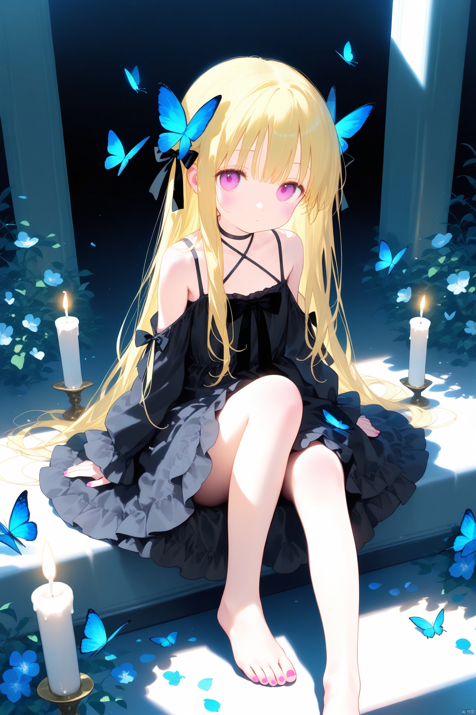 unreal,sunlight,backlighting,glowing,loli,petals,shadow,light,figure light,dream,unreal,Blur,float light, amazing quality, very aesthetic, absurdres,Dundar effect,flowers covering half of the painting,delicate plant details,petite girl,dream, soul, (fluorescence), (flying translucent blue butterfly) masterpiece,best quality,high quality,(colorful),loli, a painting of a woman with long blonde hair, wearing a black dress adorned with a black bow on her head. She is Lying in dark gray bed, the scene is filled with butterflies her hands resting on her lap. Her eyes are a piercing blue, and her hair is a light shade of pink. Her dress is adorned with black ruffles, adding a touch of charm to her outfit. The wings of the butterfly are a vibrant shade of purple, while the rest of the dress is a darker shade of black, creating a striking contrast against the dark background.solo, long hair, looking at viewer, bangs, long sleeves, dress, bow, bare shoulders, sitting, purple eyes, hair bow, frills, barefoot, indoors, pink eyes, nail polish, black dress, feet, bare legs, black bow, toes, frilled dress, bug, butterfly, pink nails, knee up, toenails, toenail polish, candle,High,Elite,
