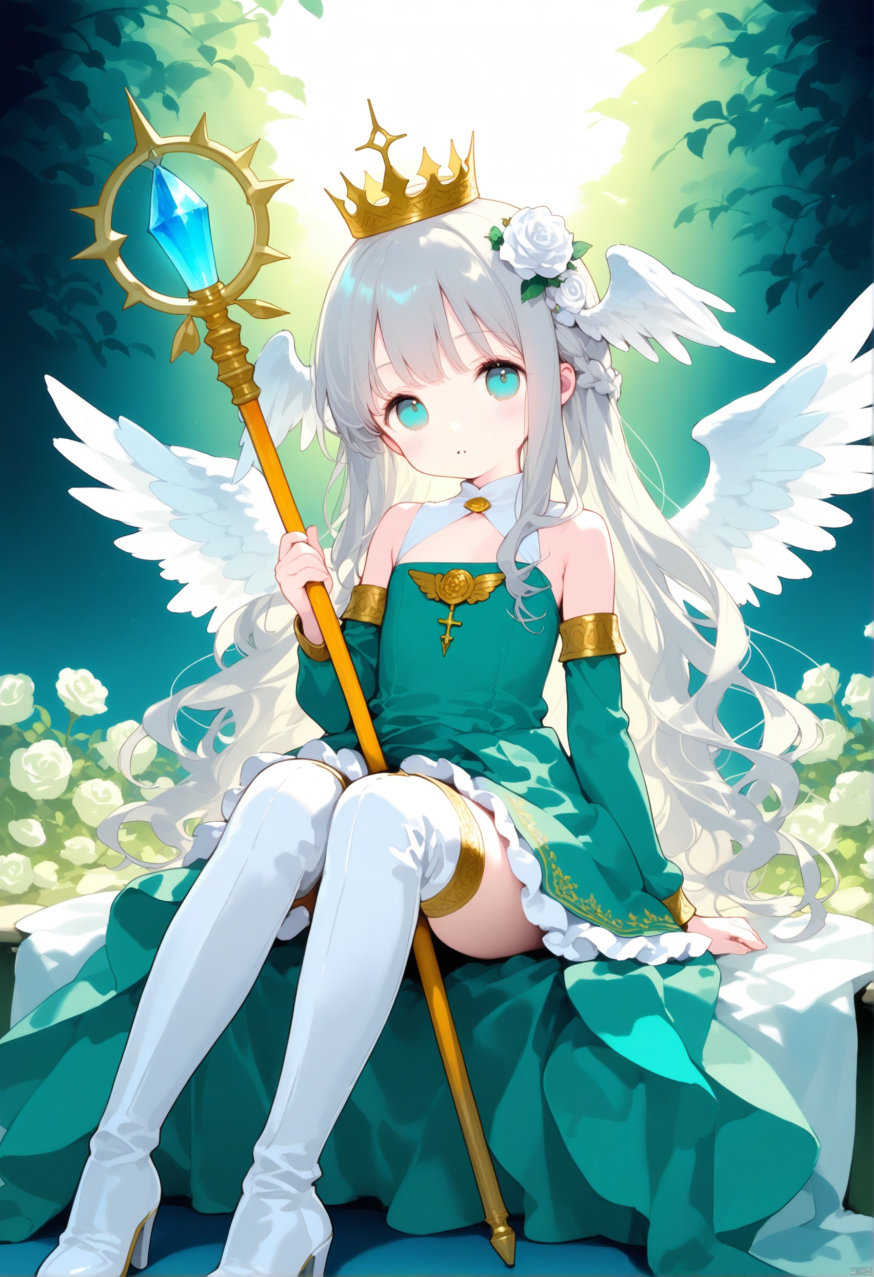 loli,1girl,wings,solo,long hair,flower,staff,sitting,hair flower,multiple wings,head wings,hair ornament,boots,angel wings,angel,high heels,thigh boots,looking at viewer,grey hair,dress,thighhighs,white wings,feathered wings,blue eyes,fantasy,aqua eyes,rose,high heel boots,scepter,wavy hair,white flower,white rose,braid,full body,between legs,halo,very long hair,green dress,holding staff,long legs,parted lips,between thighs,shoes,white footwear,detached sleeves,green eyes,crown,bare shoulders,