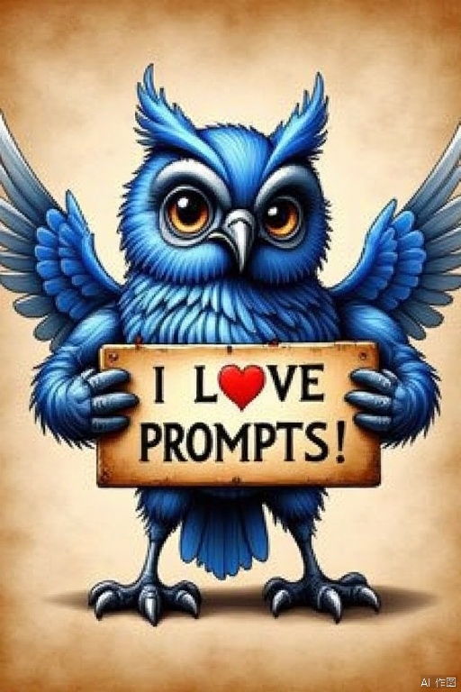 Blueprint on parchment,A detailed detailed illustration of a bird holding a sign that reads "I LOVE PROMPTS!" in bold black letters. The bird's feathers are a vibrant blue,and the bird's beak is a dark gray,while its wings are a lighter blue. The owl's feet are black,and its claws are a darker gray. The background of the owl is a light brown