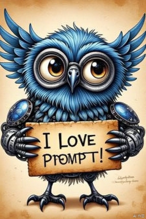 Blueprint on parchment,A detailed detailed illustration of a bird holding a sign that reads "I LOVE PROMPTS!" in bold black letters. The bird's feathers are a vibrant blue,and the bird's beak is a dark gray,while its wings are a lighter blue. The owl's feet are black,and its claws are a darker gray. The background of the owl is a light brown