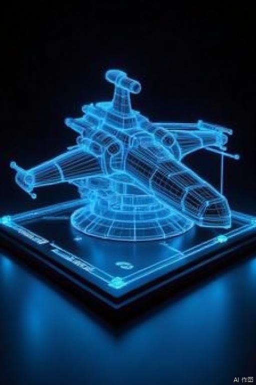 Holographic projection,a 3D model of a spaceship is lit up in a vibrant blue hue. The model is set against a dark backdrop,with a black surface beneath it. The spaceship is made up of a series of thin wire mesh