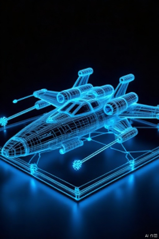 Holographic projection,a 3D model of a spaceship is lit up in a vibrant blue hue. The model is set against a dark backdrop,with a black surface beneath it. The spaceship is made up of a series of thin wire mesh