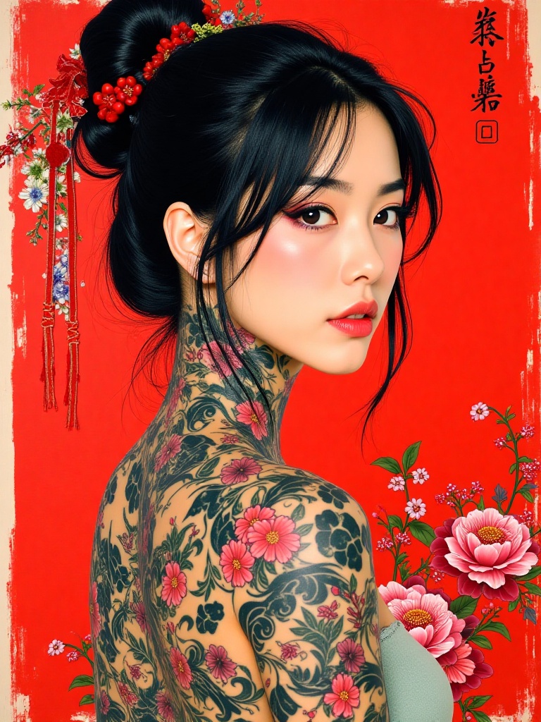 Colorful Japanese retro poster,  beautiful face,  a beautiful young woman covered in tattoos with dark hair and a fully ta...
