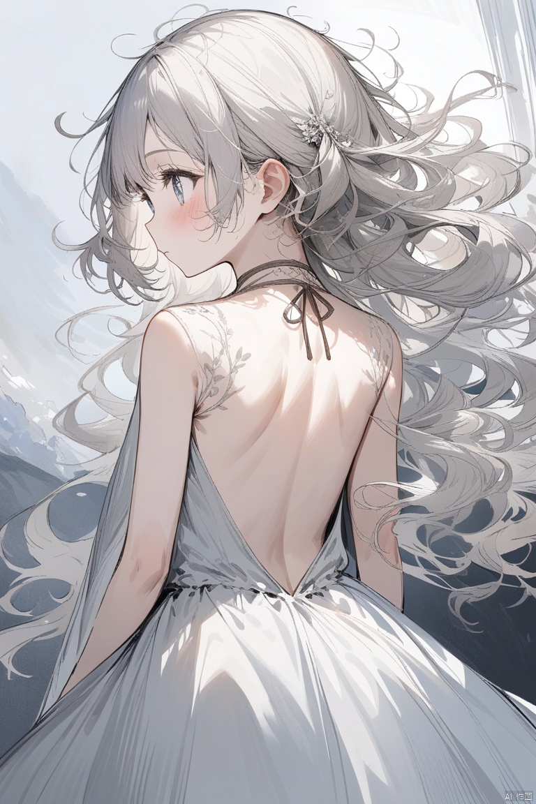 (((masterpiece))),(((best quality))),((ultra-detailed)), ((illustration)),floating, ((an extremely delicate and beautiful)),(beautiful detailed eyes),((disheveled hair)), (painting),(sketch), 1girl, loli, small_breasts,((neck)),(((back))),(looking back), blush,dhalter dress, sliver hair,backless dress


